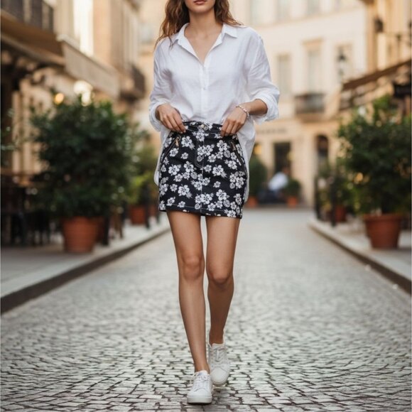 Mini Skirt – by Delia*s Tropical Floral Twill Exposed Zip Pockets Button Fly S - Picture 1 of 3